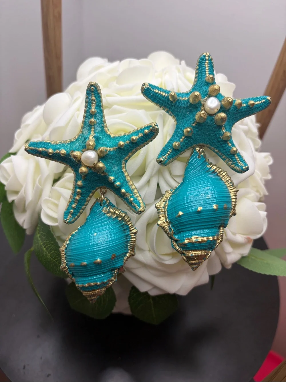 Turquoise Starfish & Shell Statement Earrings - Picture 1 of 8